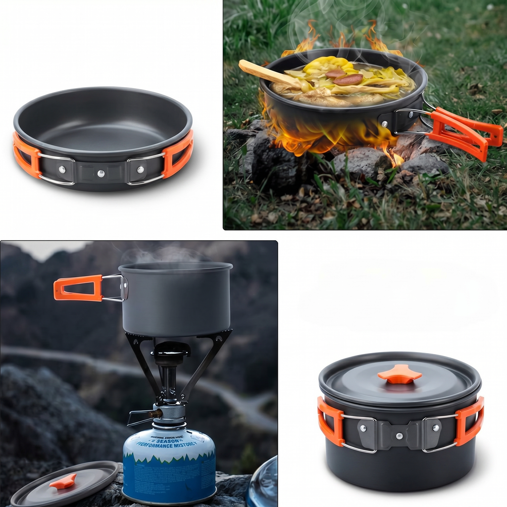 Tigaia pe fundal alb, oala pe arzătorul de camping și oala cu capacul pus