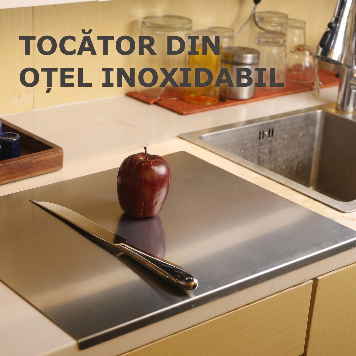 Planșeta așezată peste blatul bucătăriei, cu un cuțit și un măr deasupra