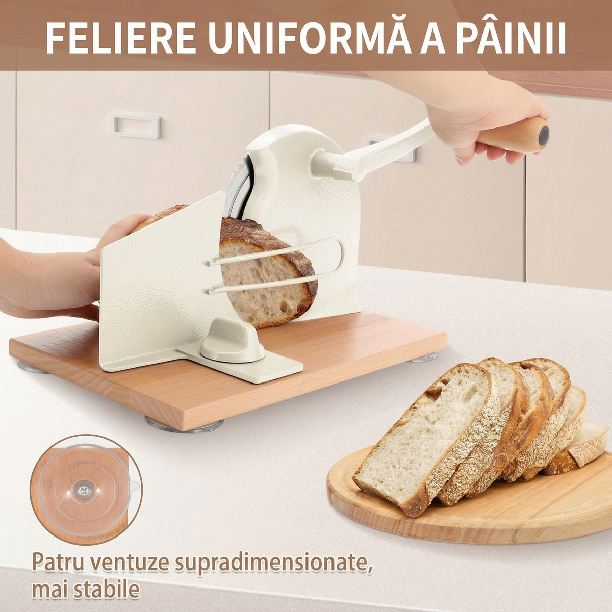 Pâine feliată uniform cu feliatorul; ventuzele de pe bază