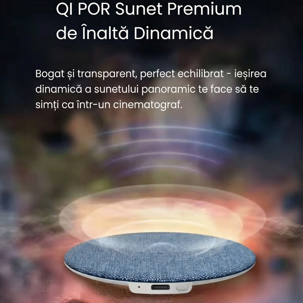 Boxa-disc văzută din lateral, cu portul de încărcare și butonul în prim-plan