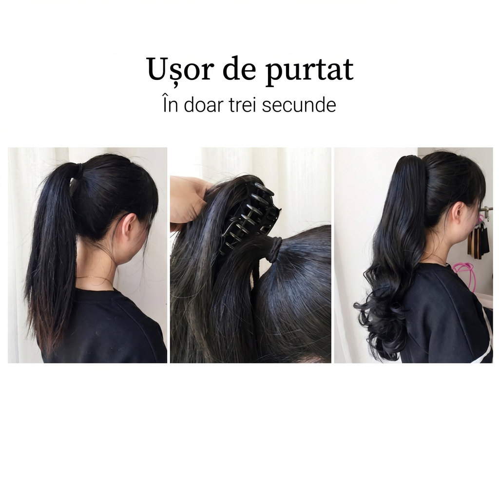 Trei pași de purtare: coada proprie, prinderea clemei peste ea și rezultatul din spate