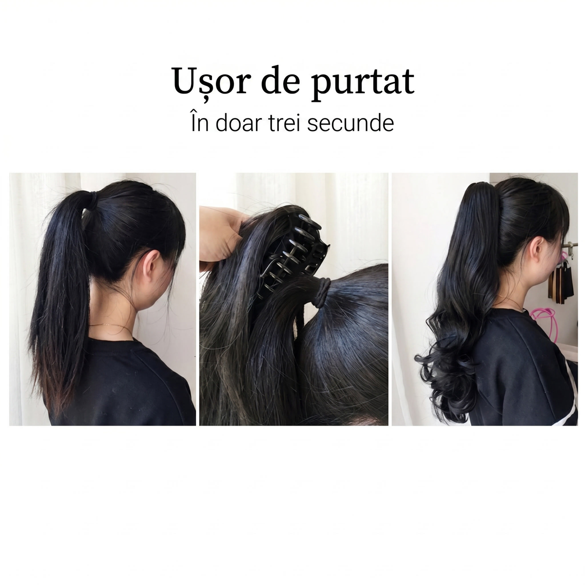 Trei pași de purtare: coada proprie, prinderea clemei peste ea și rezultatul din spate