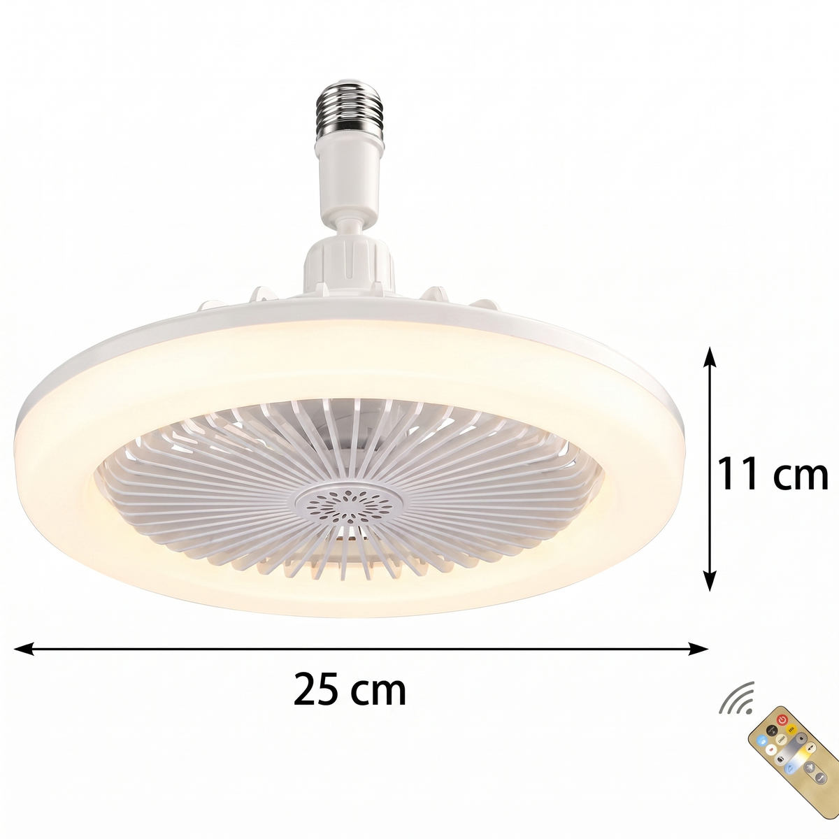 Plafonieră LED cu ventilator, cu cotele marcate: 25 cm diametru și 11 cm înălțime, și telecomanda alături