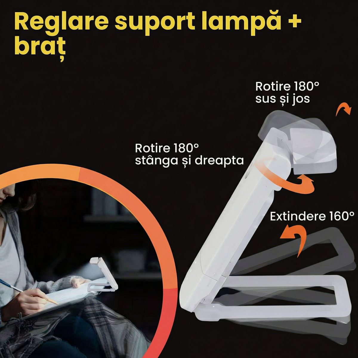 Reglajele lămpii: rotire 180° sus-jos, rotire 180° stânga-dreapta și braț care se extinde 160°