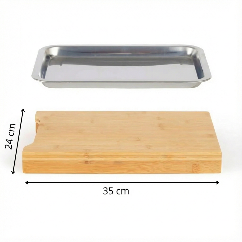 Tocătorul și tava alăturate, cu dimensiunile 35 cm și 24 cm marcate