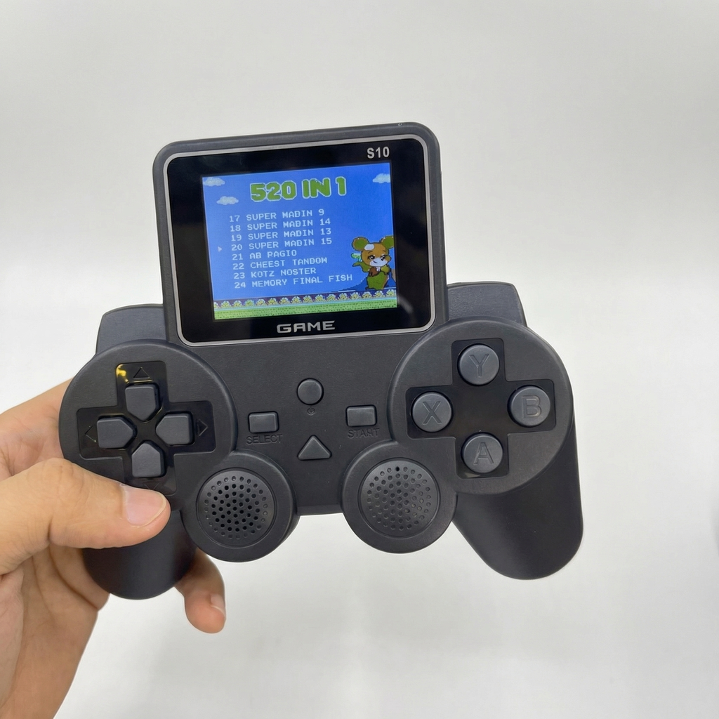 Consola portabilă S10 ținută în mână, cu meniul „520 in 1” pe ecranul color
