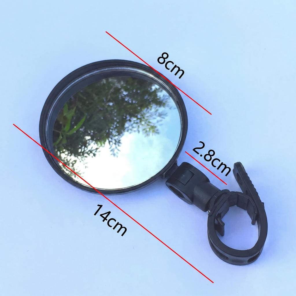Oglinda de bicicletă văzută de sus, cu cotele marcate: 8 cm oglinda, 14 cm lungimea, 2,8 cm grosimea