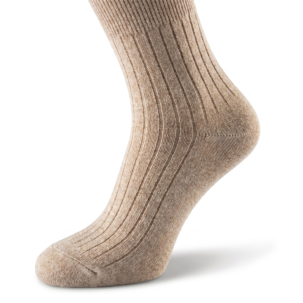 Șoseta bej întinsă pe fundal alb, cu tivul lat la vedere