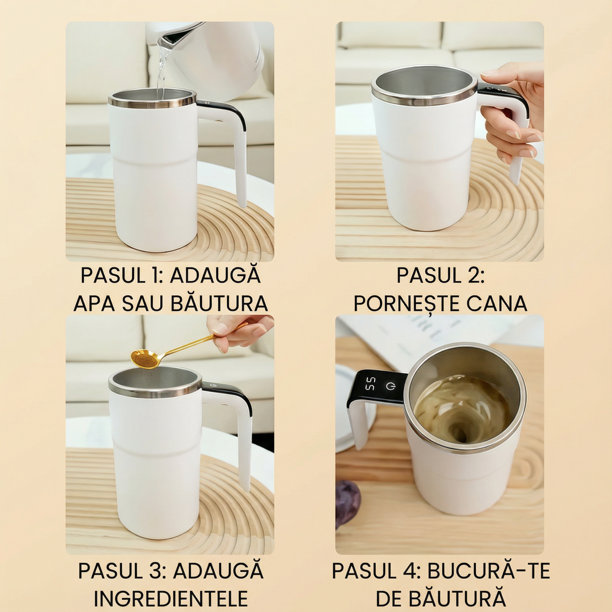 Cei patru pași de folosire a cănii: apă, pornire, ingrediente, băutura gata