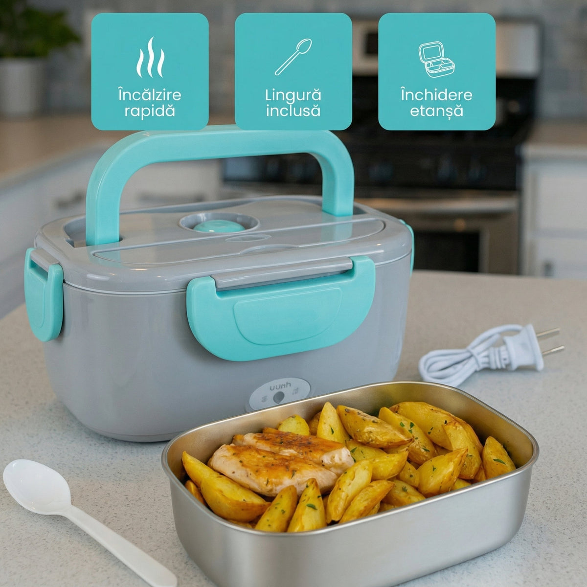 Caserola electrică închisă, cu mânerul ridicat, lângă recipientul de inox plin, lingura și cablul de alimentare