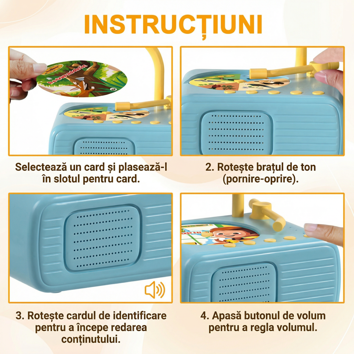 Instrucțiuni în română: pui cartonașul în fantă, rotești brațul de ton, pornește redarea, reglezi volumul