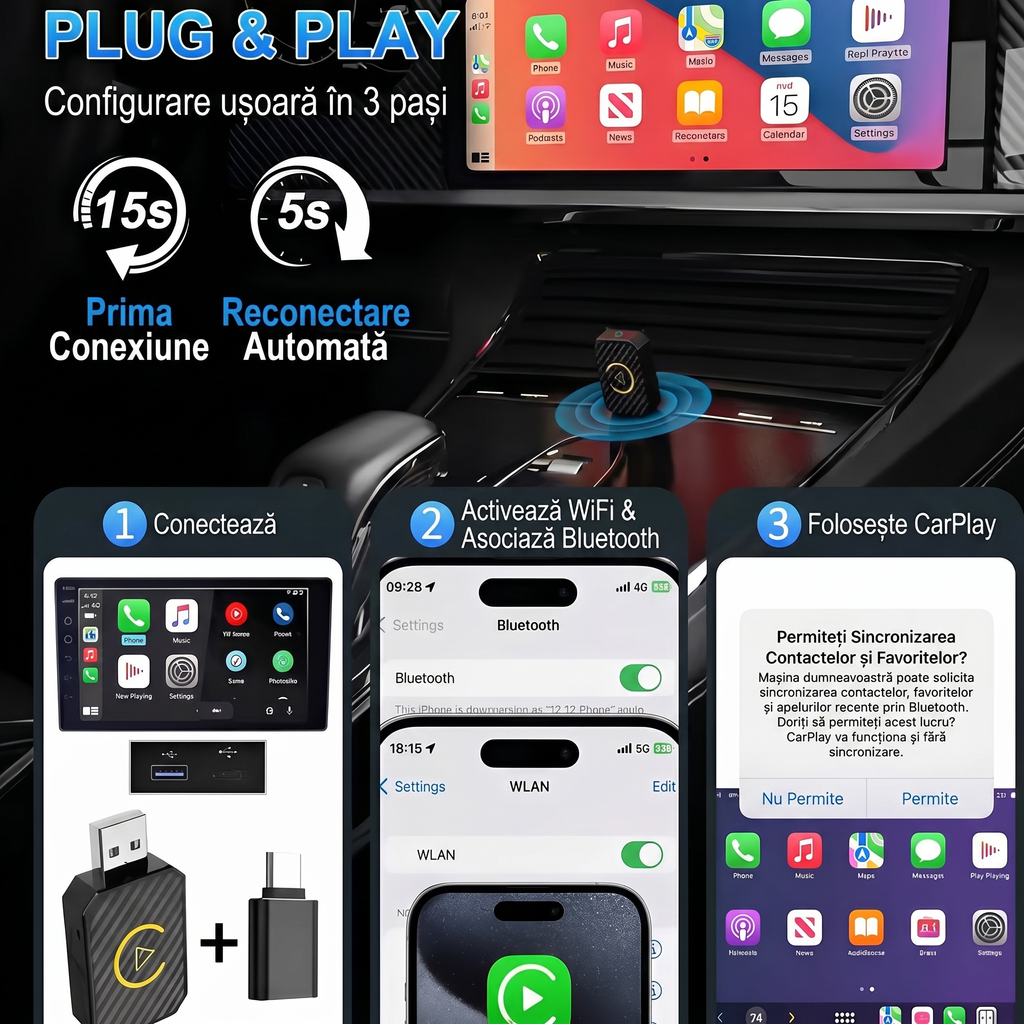 Cei trei pași de configurare și ecranul CarPlay pe bordul mașinii