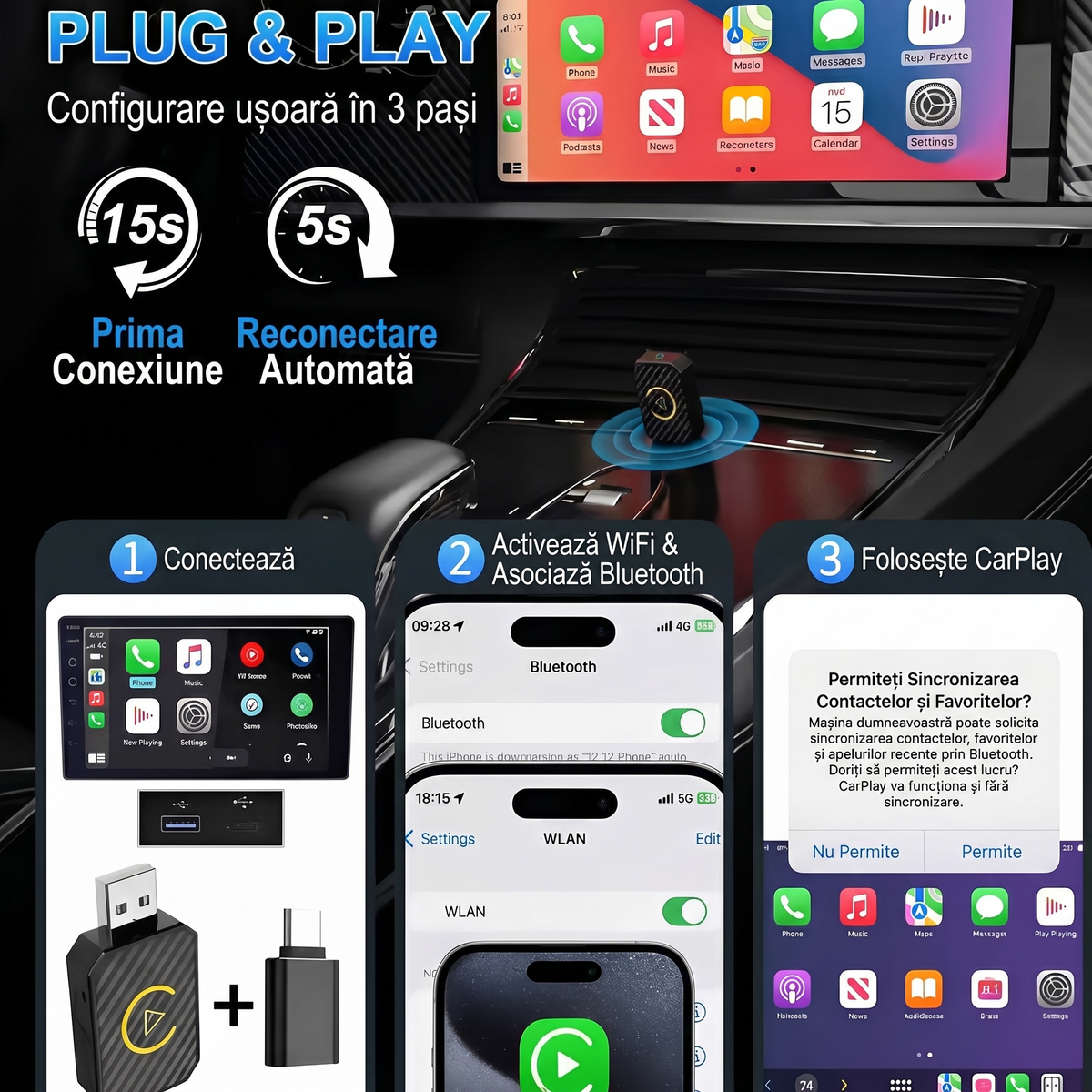 Cei trei pași de configurare și ecranul CarPlay pe bordul mașinii