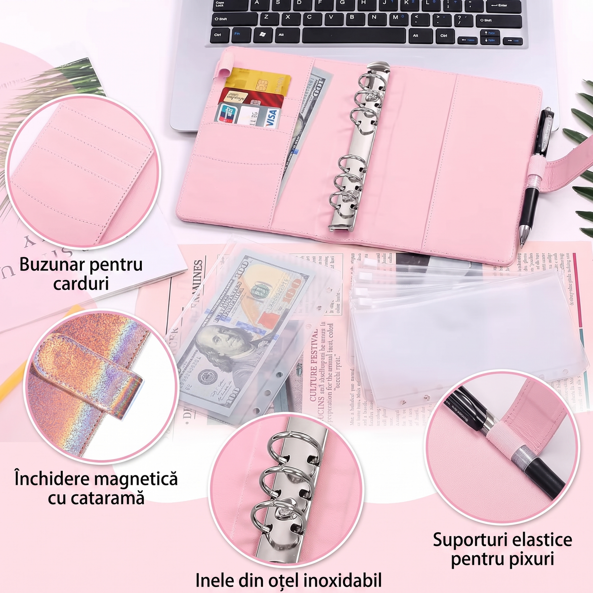 Agenda A6 roz lângă un laptop, cu plicurile transparente alături