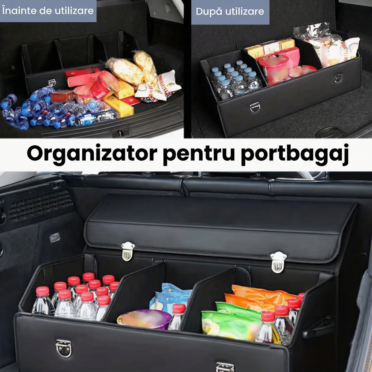 Portbagaj înainte și după organizator, cu sticle și cumpărături