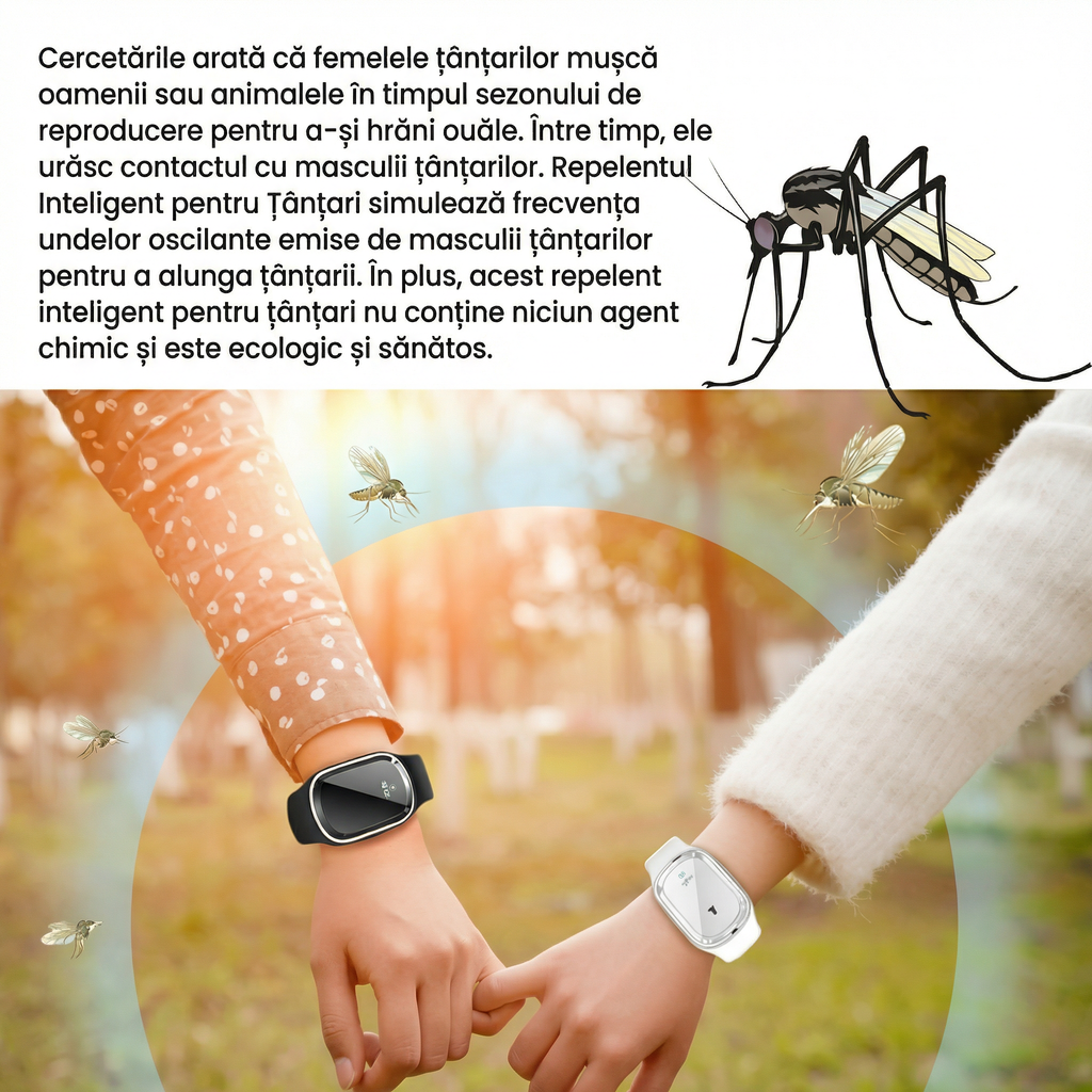 Două persoane cu brățări anti-țânțari la plimbare