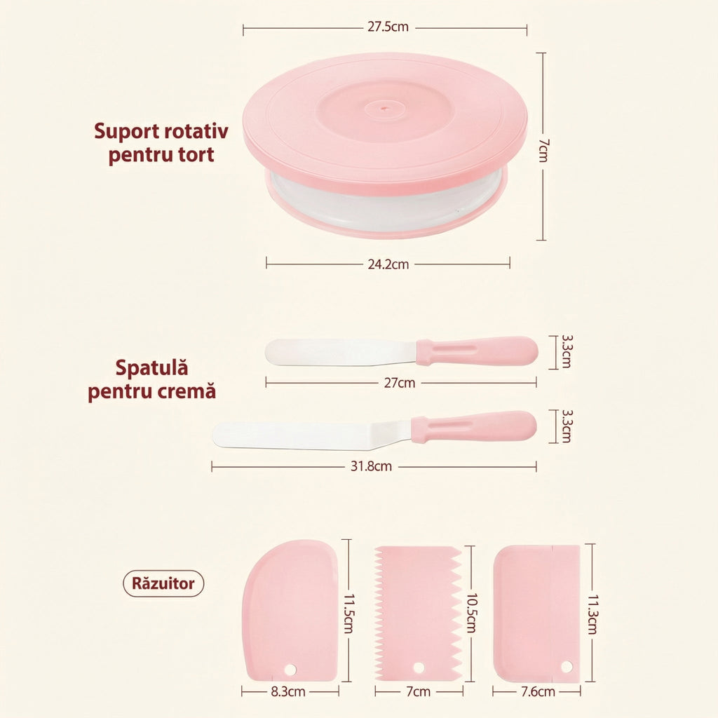 Accesoriile setului cu cotele marcate: platou 27,5 cm, spatule 27 și 31,8 cm