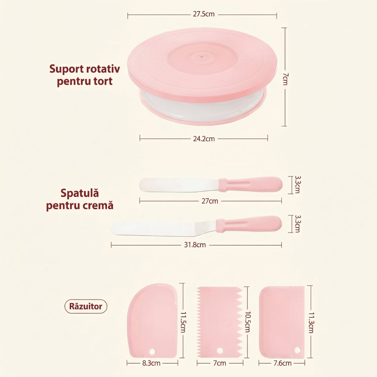Accesoriile setului cu cotele marcate: platou 27,5 cm, spatule 27 și 31,8 cm