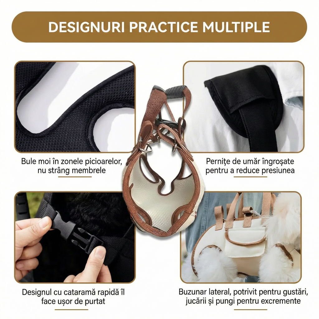 Detalii ale hamului: buzunar lateral, cataramă rapidă, pernițe pe umăr