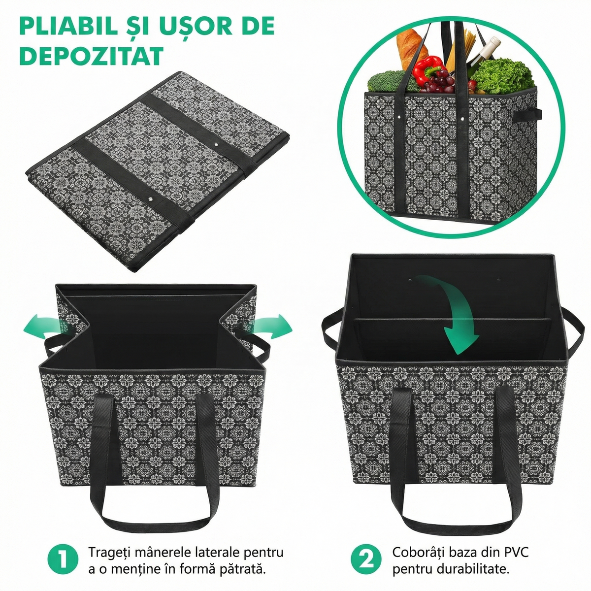 Coșul pliat plat și apoi desfăcut, cu pașii de deschidere