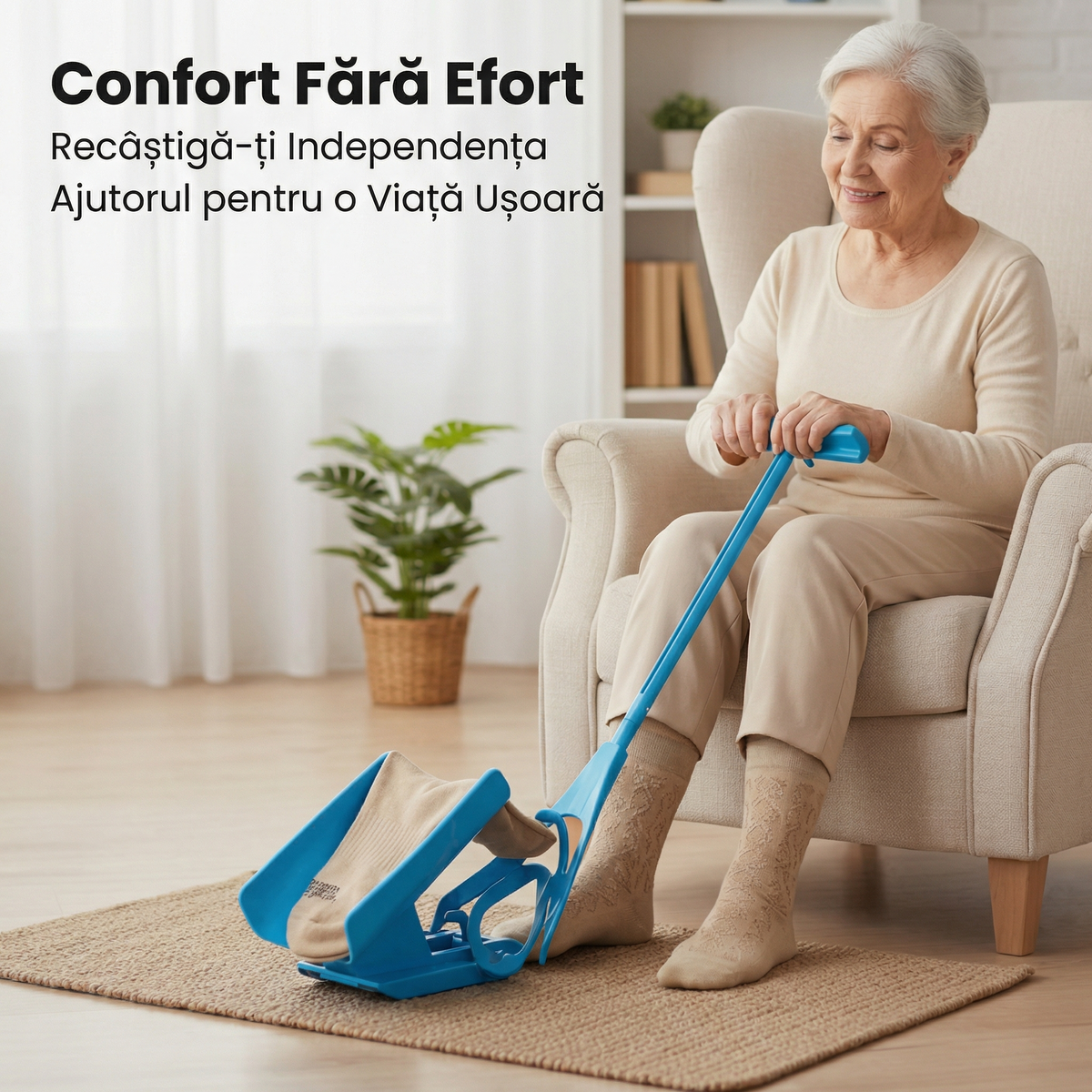 Femeie care își încalță șoseta cu dispozitivul, din fotoliu