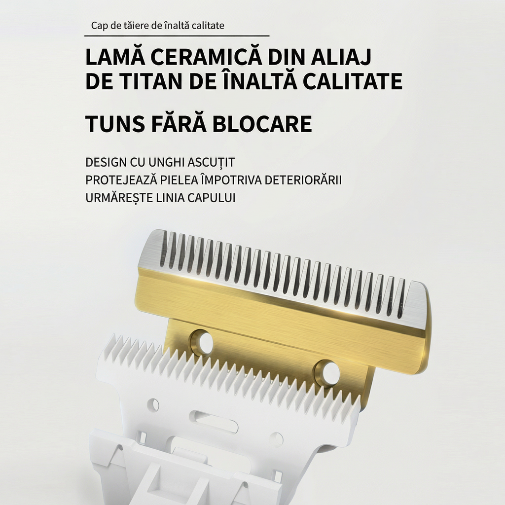 Lama ceramică demontată, în prim-plan, cu dinții văzuți de aproape