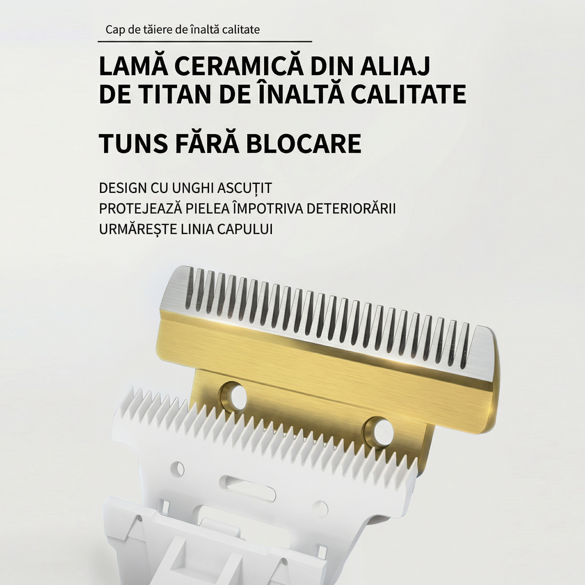 Lama ceramică demontată, în prim-plan, cu dinții văzuți de aproape