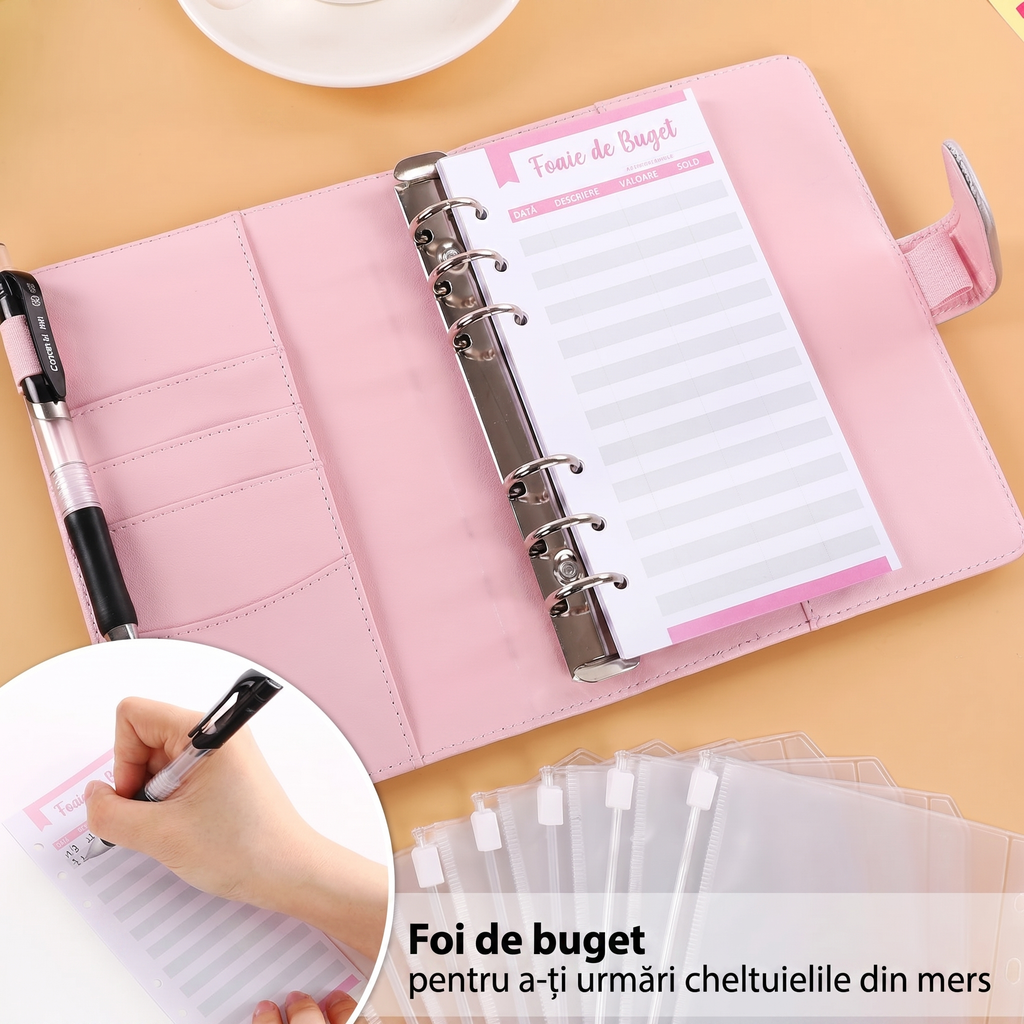 Foaia de buget în română, în agenda deschisă, cu coloanele dată, descriere, valoare și sold