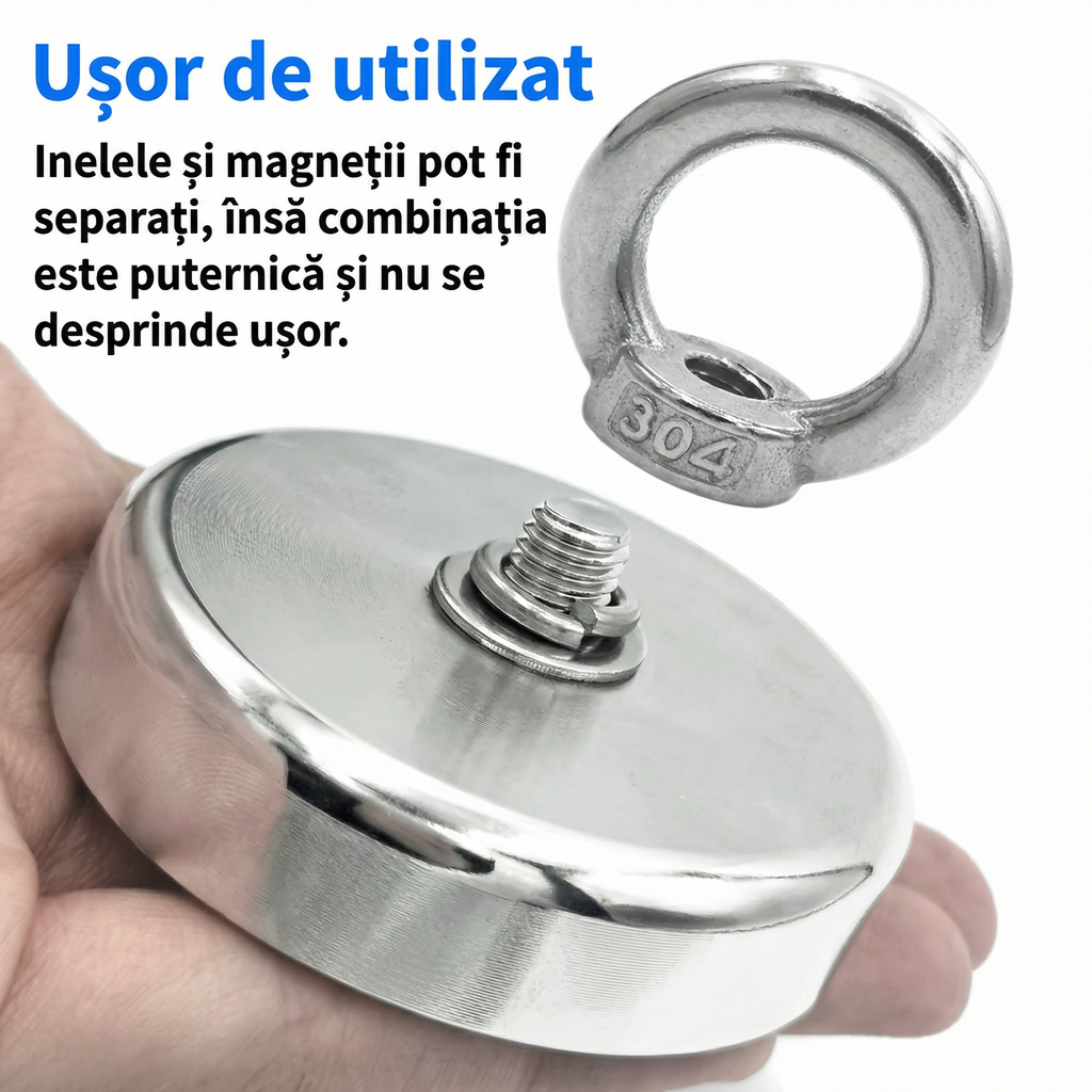 Magnetul ținut în palmă, cu inelul deșurubat alături, ca să se vadă filetul