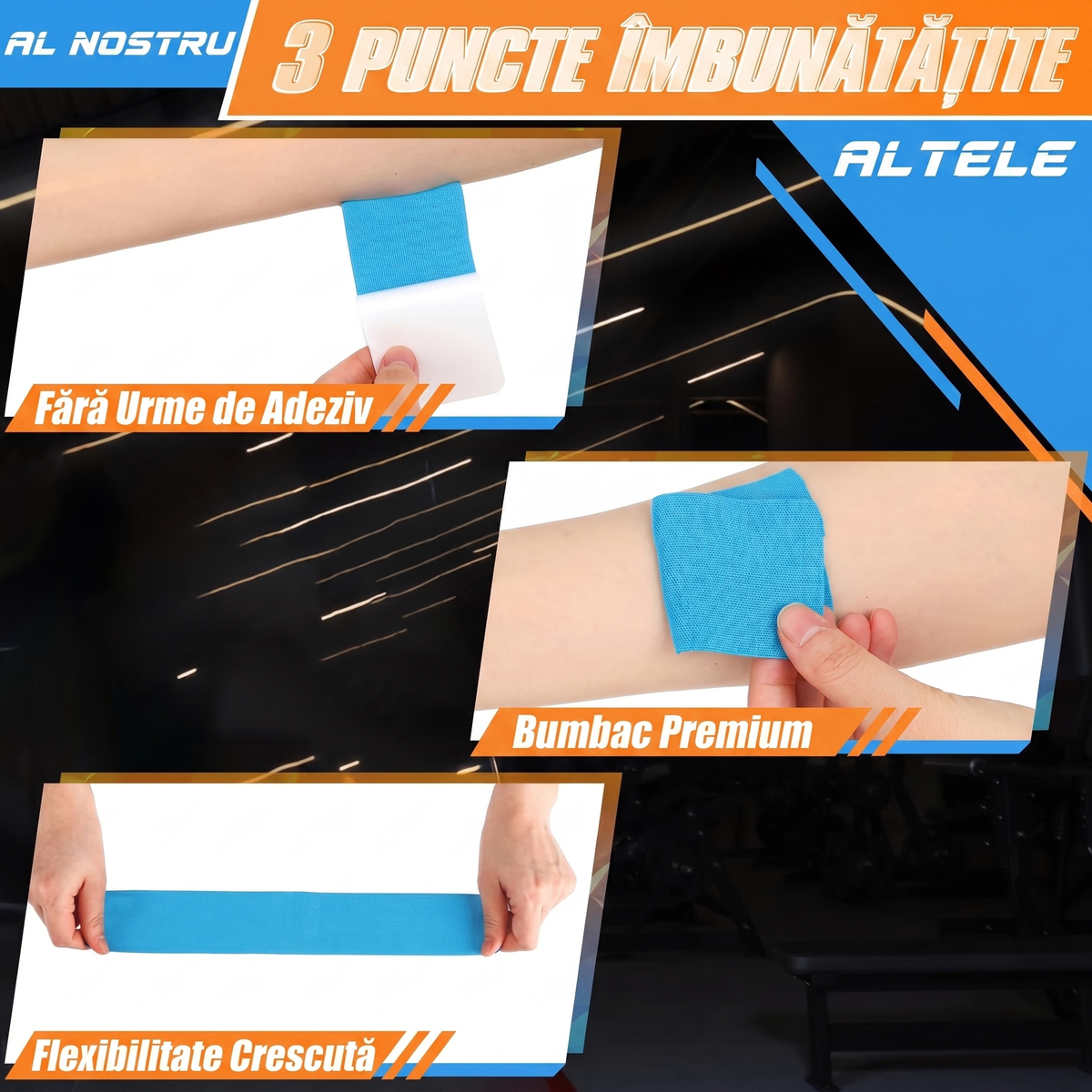 Plasture kinesiologic albastru aplicat pe umărul unei persoane