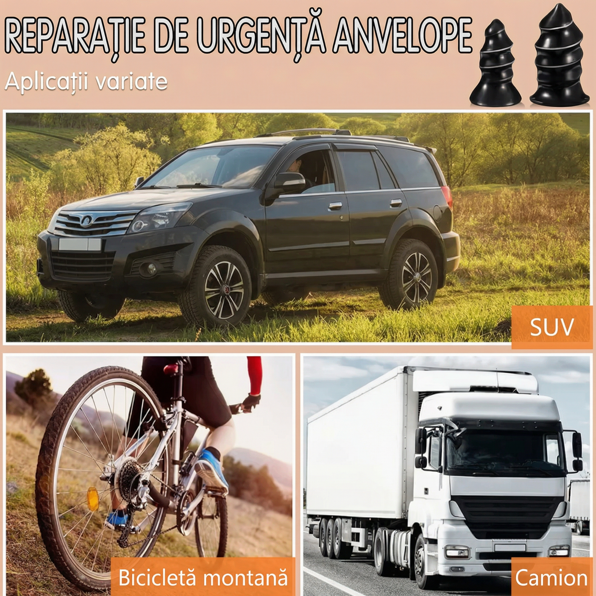 Trei exemple de folosire: mașină de teren, bicicletă de munte și camion