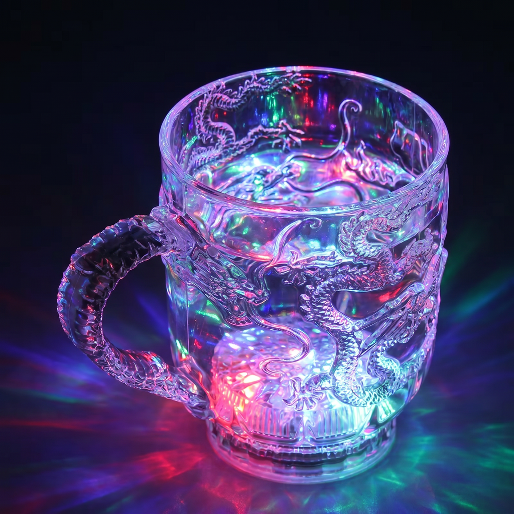 Cana plină cu apă, cu luminile din bază aprinse, pe întuneric