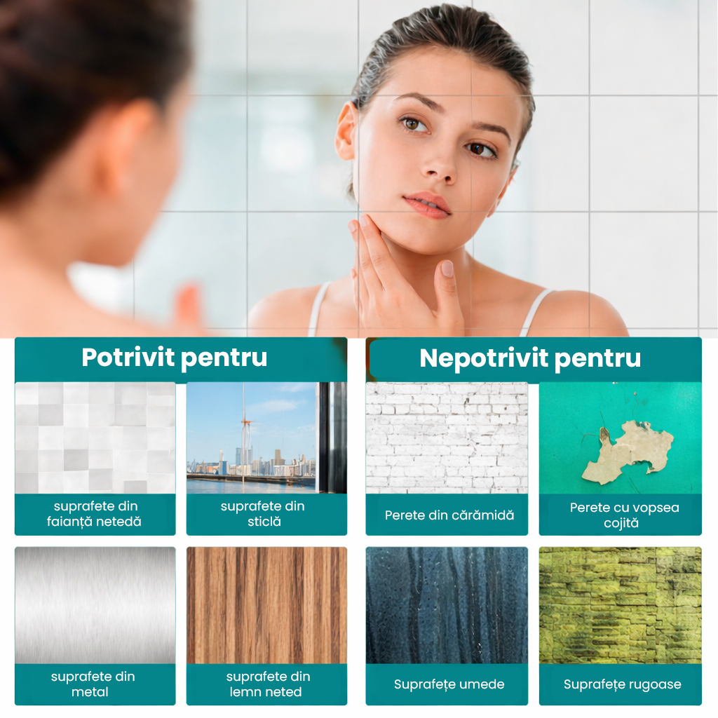 Suprafețe potrivite — faianță, sticlă, metal, lemn neted — și nepotrivite: cărămidă, vopsea cojită, umede, rugoase