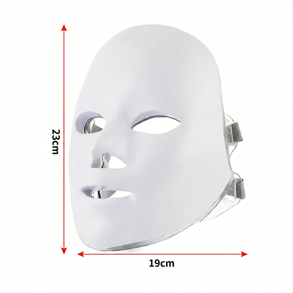 Masca facială albă cu LED-uri, văzută din lateral, cu cotele marcate: 23 x 19 cm