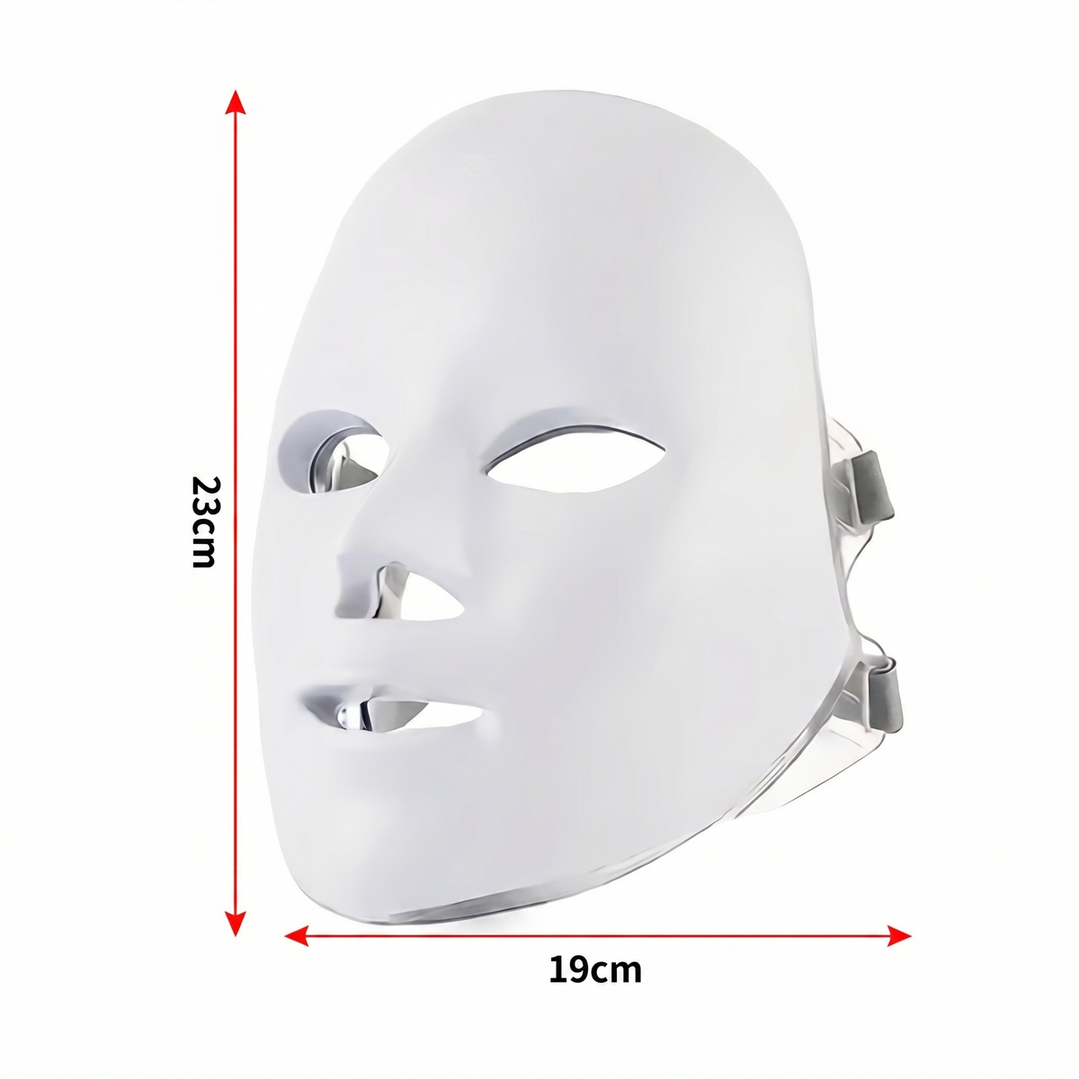Masca facială albă cu LED-uri, văzută din lateral, cu cotele marcate: 23 x 19 cm