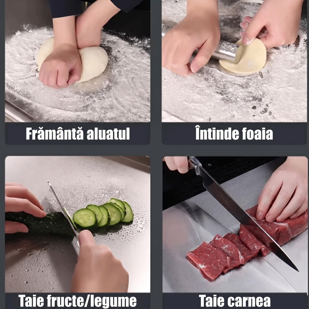Cele patru folosiri: frământat aluat, întins foaia, tăiat fructe și legume, tăiat carne