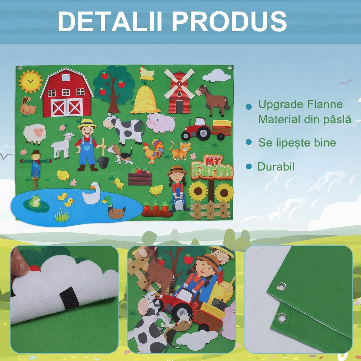 Jucărie educativă Montessori din pâslă, cu animale de fermă detașabile, pentru joacă și dezvoltare.