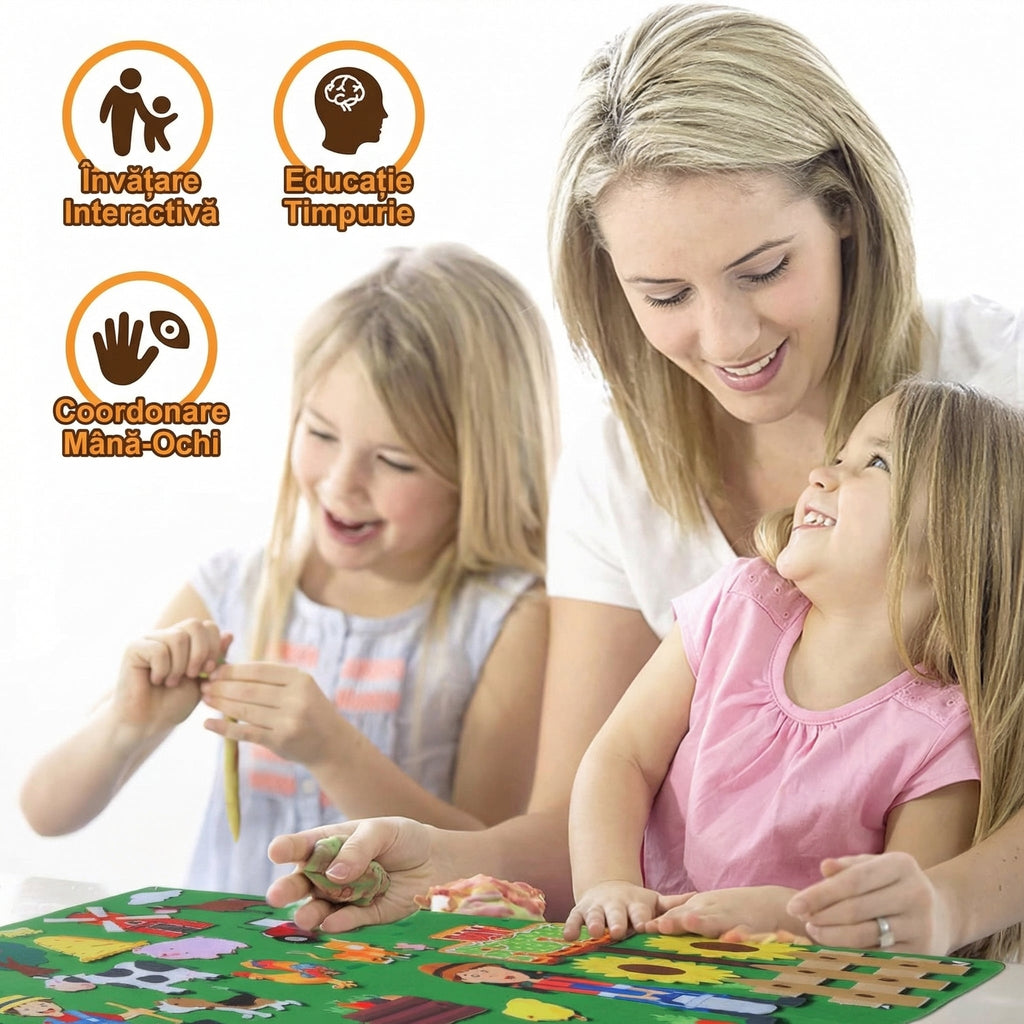 Jucărie educativă Montessori din pâslă, cu animale de fermă detașabile, pentru joacă și dezvoltare.