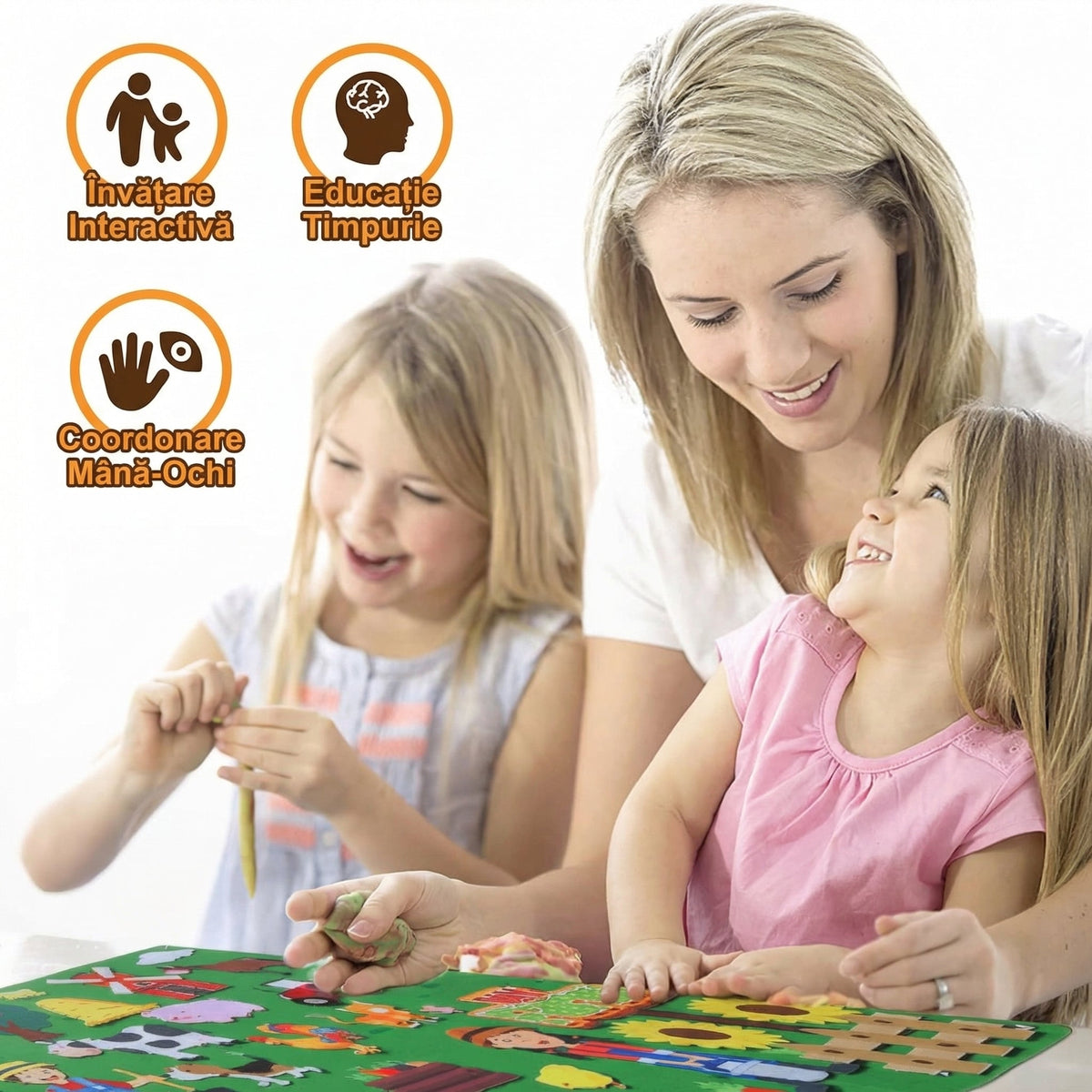 Jucărie educativă Montessori din pâslă, cu animale de fermă detașabile, pentru joacă și dezvoltare.
