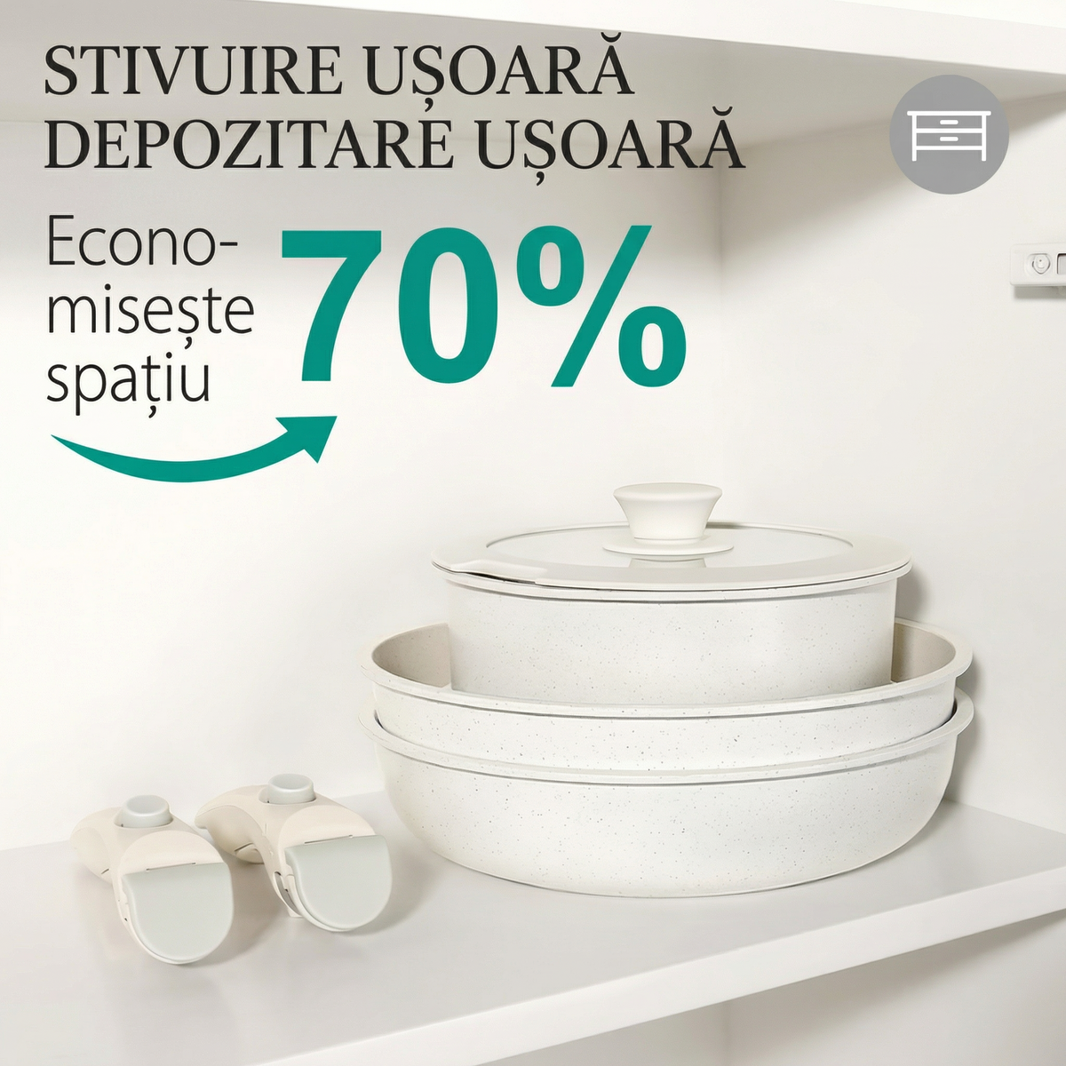 Vasele stivuite pe raftul dulapului, fără mânere, ocupând un sfert din loc