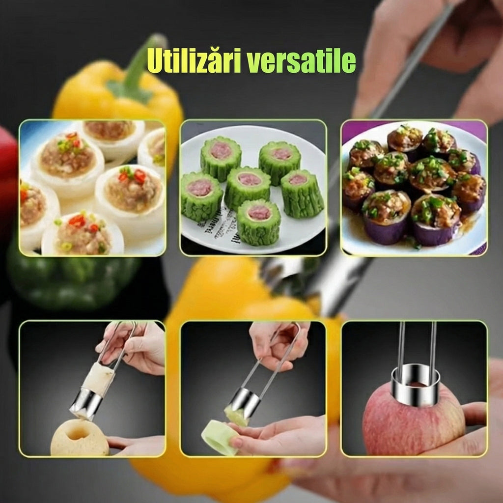 Colaj cu șase utilizări: ardei, dovlecei și vinete umplute, și scobitorul folosit la pară și la măr