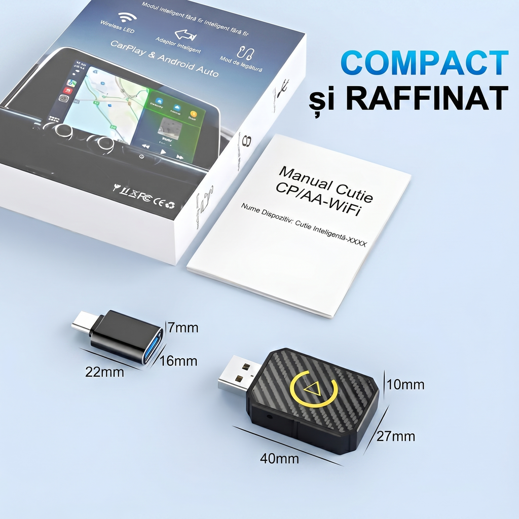 Adaptorul lângă cutie și manual, cu cotele marcate: 40 x 27 x 10 mm, plus adaptorul USB-C de 22 mm