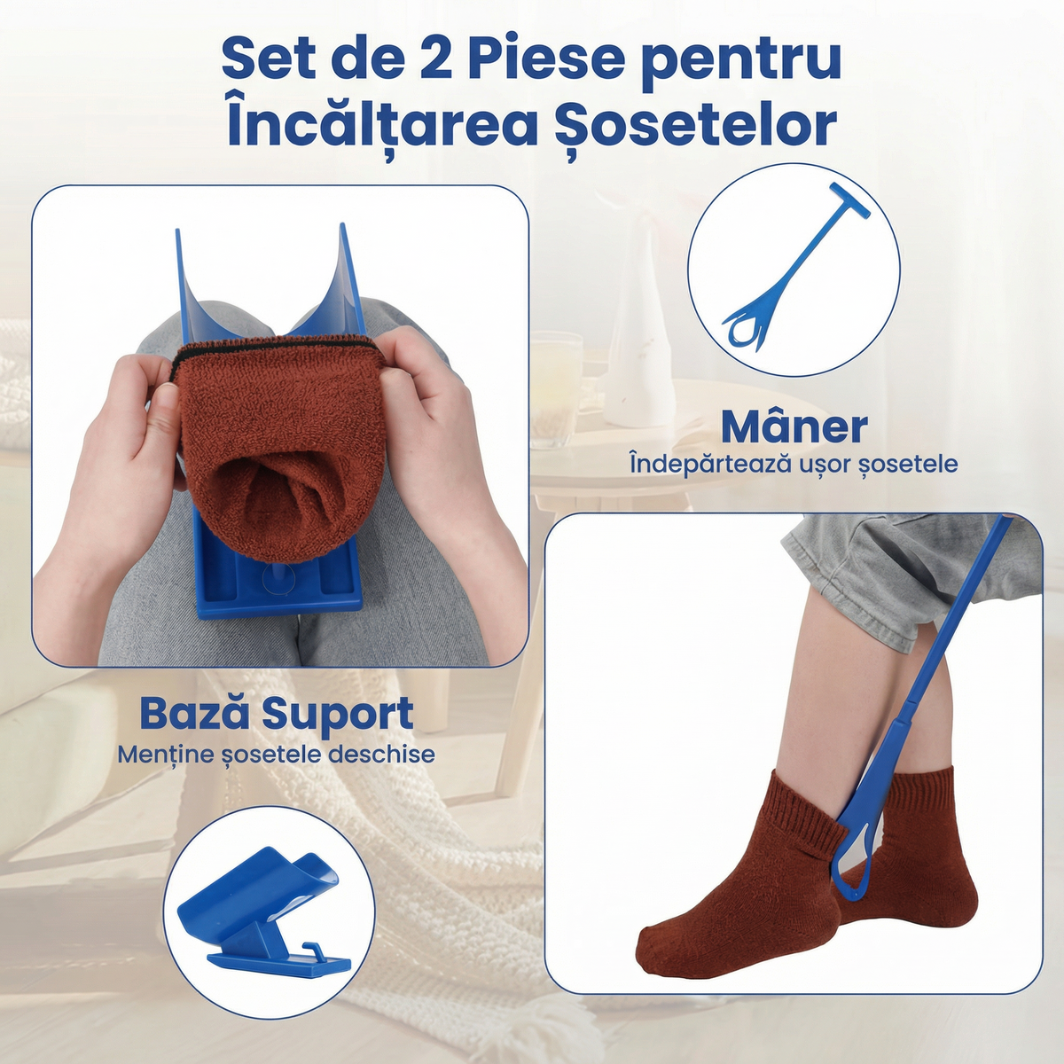 Cele 2 piese: baza care ține șoseta deschisă și mânerul