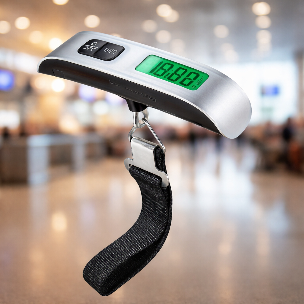 Cântarul de bagaje cu chingă neagră și ecranul aprins, pe fundal de aeroport