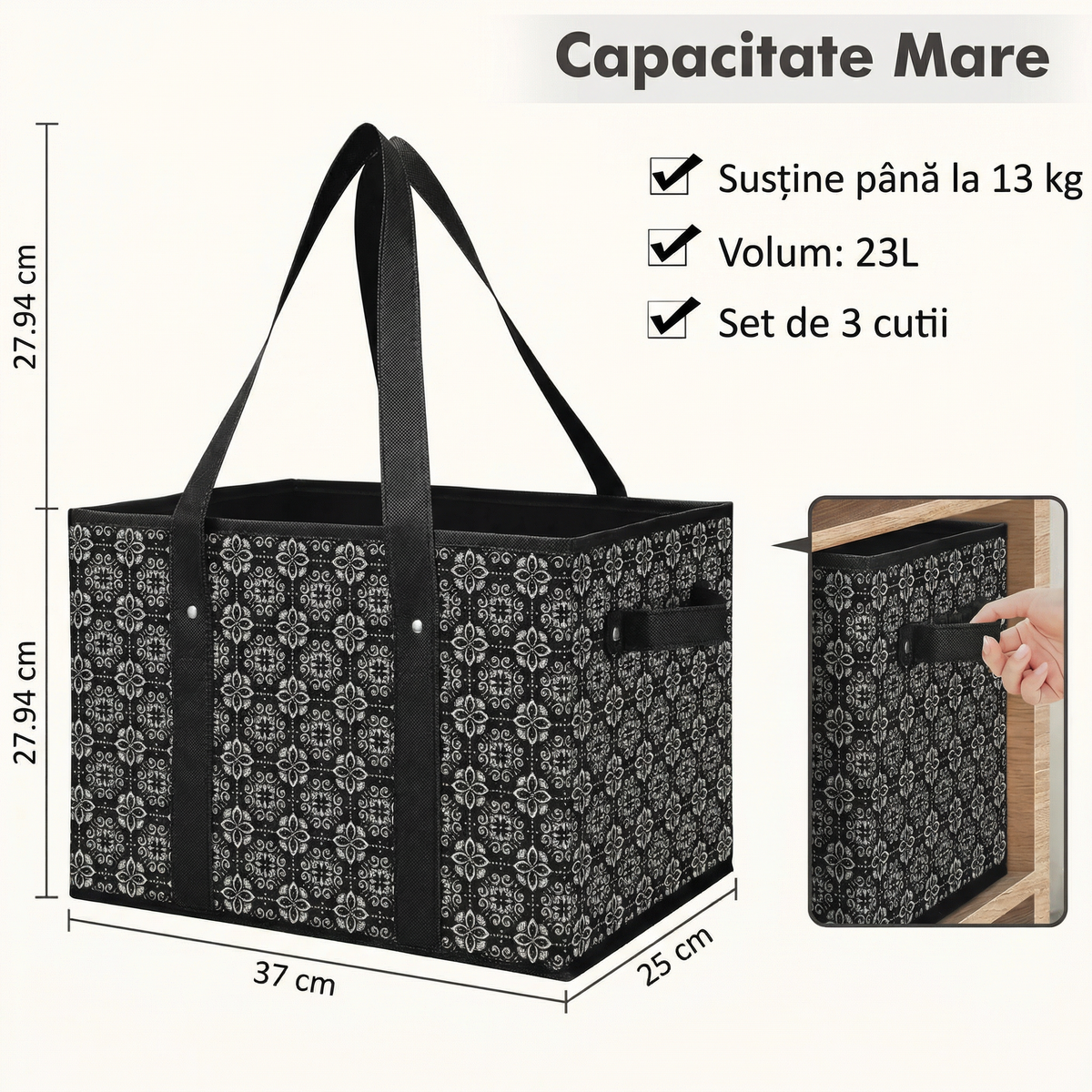 Coșul pliabil, cu cotele marcate: 37 x 25 x 27,94 cm, 23 l, până la 13 kg