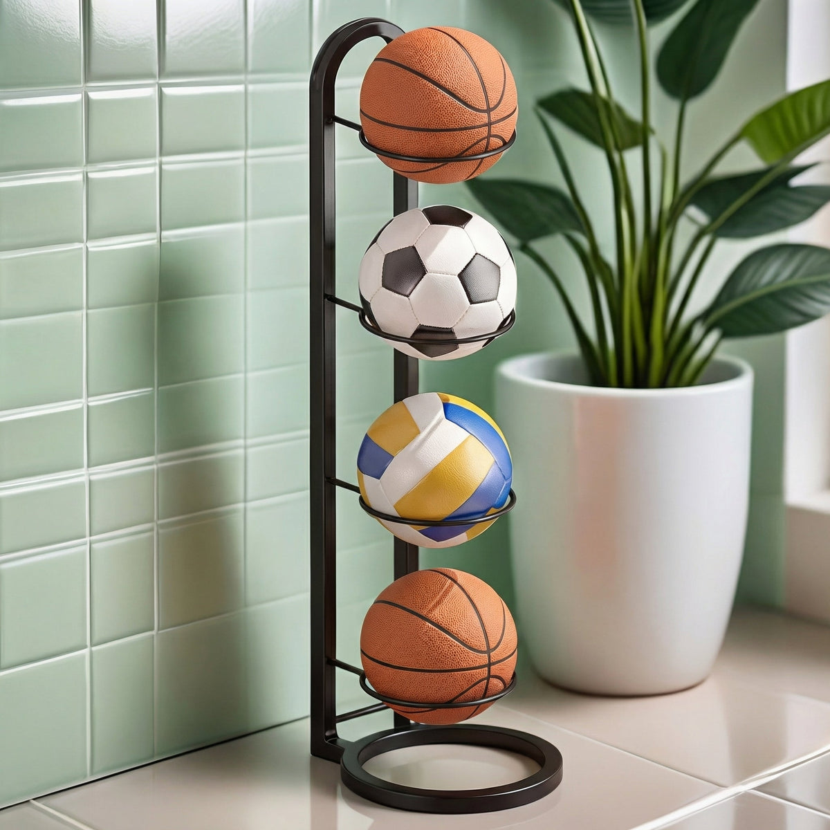 Suport vertical din metal negru cu patru inele suprapuse pentru mingi de baschet, fotbal și volei, cu bază rotundă.