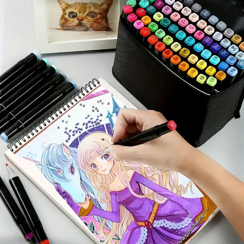 Set 80 markere colorate cu 2 capete, cu alcool + geanta depozitare