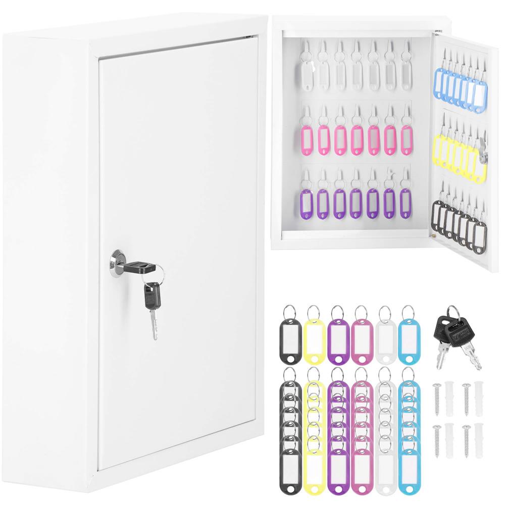 Cutie metalica pentru 64 chei, din otel, echipata cu carlige si etichete, 45x30x8cm, alba