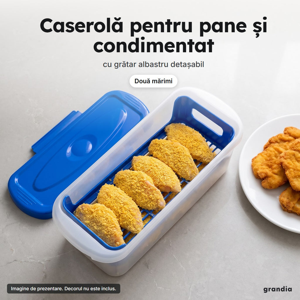 Caserola deschisă, cu bucăți de pui date prin pesmet pe grătarul albastru