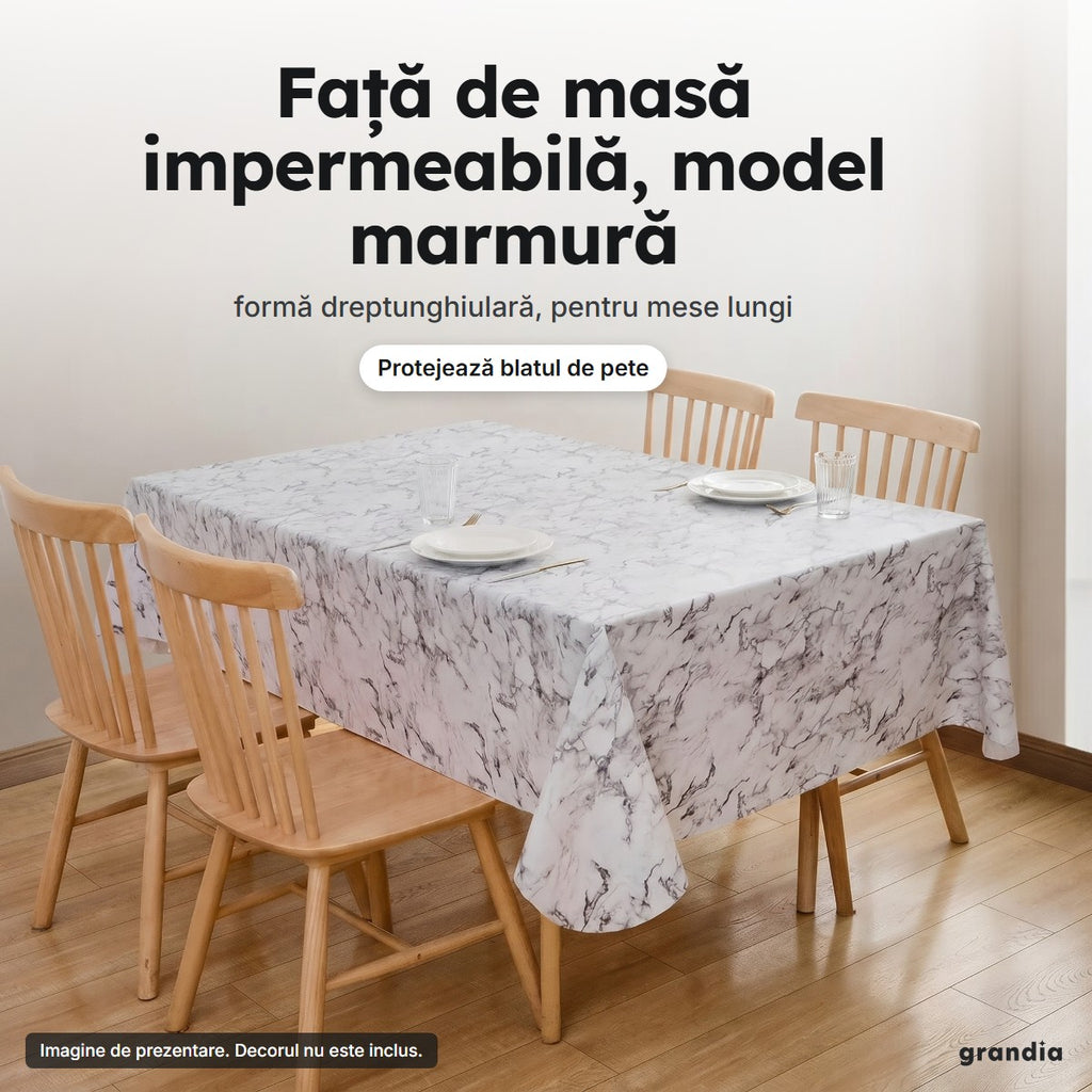 Fața de masă cu model de marmură pe o masă de sufragerie, cu farfurii și scaune din lemn
